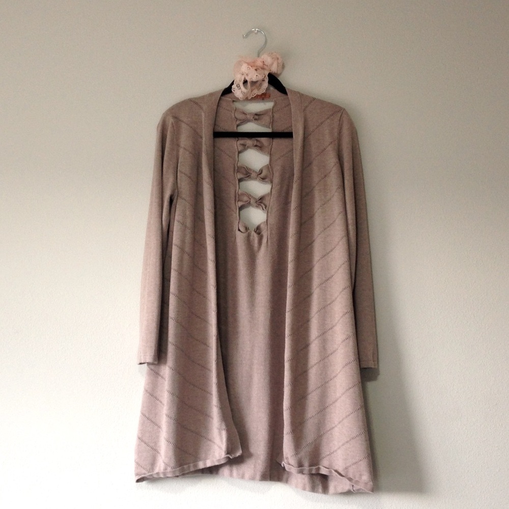belldini Taupe Tan Midi Long Bow Back Open Duster Cardigan